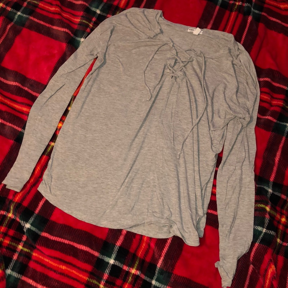 PINK grey long sleeve tie up tee